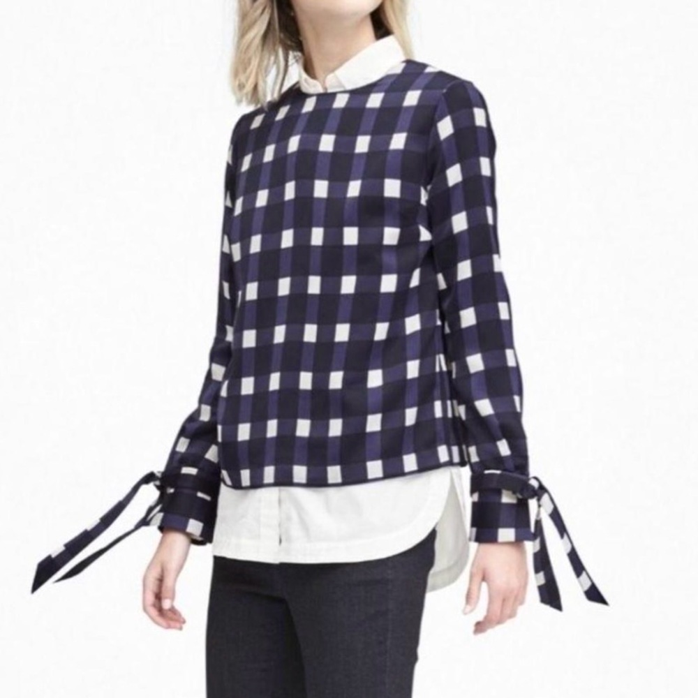 BANANA REPUBLIC Plaid Print Checked Blouse Tie Cuff Statement Sleeves